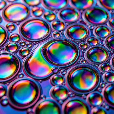 Thick oil layer creating large lazy cells on still water, deep jewel tones conce