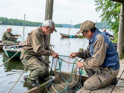 Fishermen mending nets