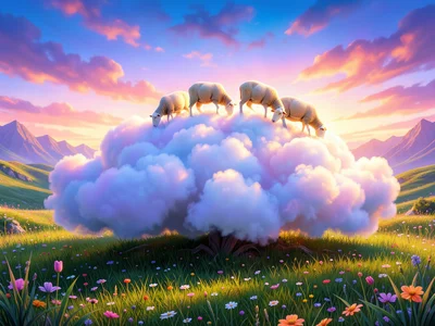 Cloud resting on ground in meadow while sheep graze on top of it