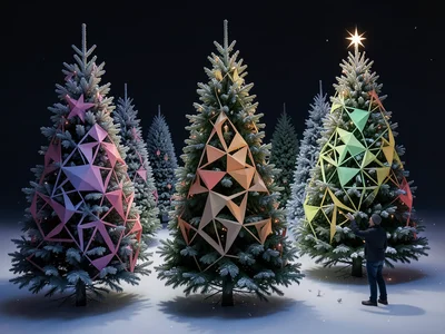 Christmas tree lot with rows of fresh trees, person choosing, winter evening
