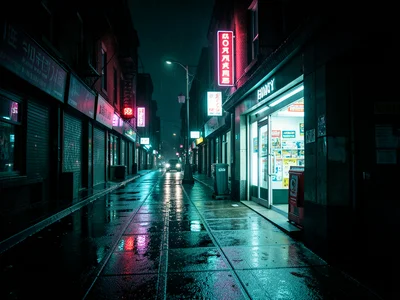 A late-night convenience store casting fluorescent white light onto a wet sidewa