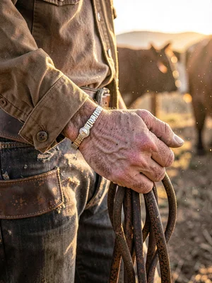 Cartier bracelet on rancher's weathered hand holding reins, labor meets luxury
