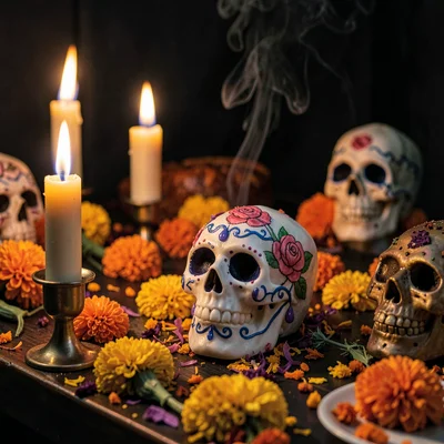 Decorated sugar skull in candlelight close-up