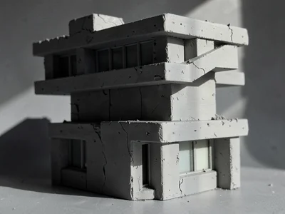 Stacked brutalist library with a heavy cantilevered upper floor and a single nar