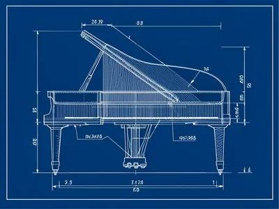 A cross-section of a grand piano showing the strings, hammers, soundboard, and a