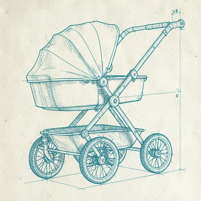 Blueprint-style schematic of a stroller drawn in fine cyan rules on cream paper,