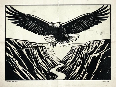 An eagle soaring over a canyon, wings fully spread, the Colorado River visible a