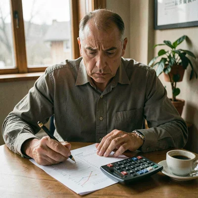Documentary photograph, Founder reviewing cap table spreadsheet, calculator and 