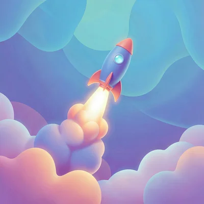 Organic blob gradient illustration, rocket launch with exhaust blob trail , soft