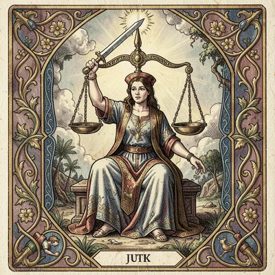 Tarot card illustration, Justice seated with sword raised, scales balanced , sym