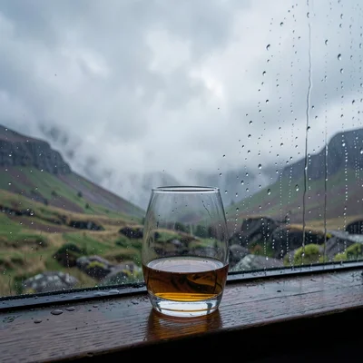Highland atmospheric mist, Skye grey-green-purple, Whisky glass on windowsill, r