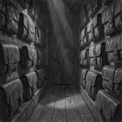 Atmospheric charcoal interior of a wall of leather camera bags receding into sha
