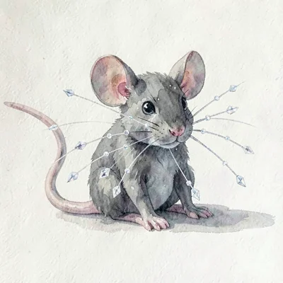 Tiny smoky-grey lowpoly mouse seated with whiskers as crystal threads, internal 