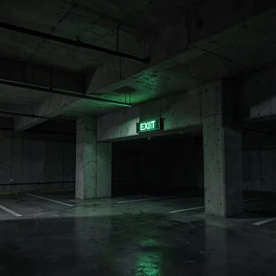 Exit sign glowing green in the darkness of the lower levels