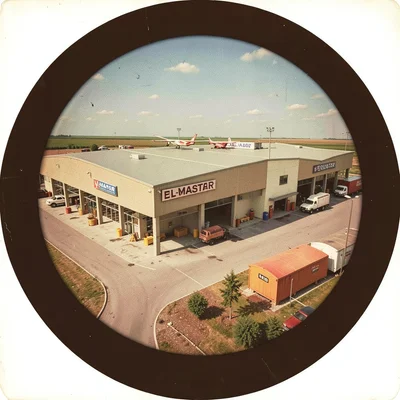 A drone warehouse delivery facility rendered in vintage stereoscopic style