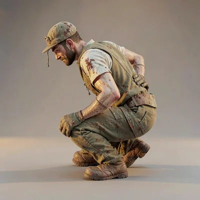 A mechanic-scavenger profile stretches the spine after long crouched work, glove
