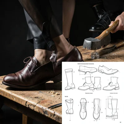 Shoe photograph transitioning to cobbler's technical pattern layout