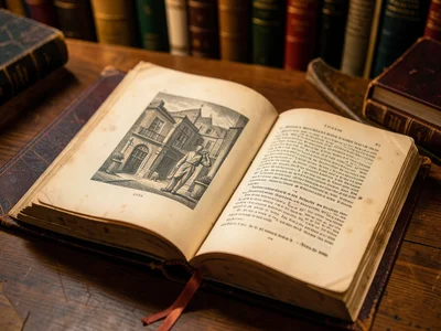 An open book showing a steel engraving illustration, the facing page of text in 
