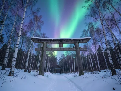 Torii gate in snowy Nordic forest, birch trees, aurora borealis sky