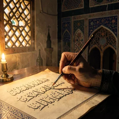 Islamic Cairo geometry, medieval city light, calligrapher hand moving brush acro