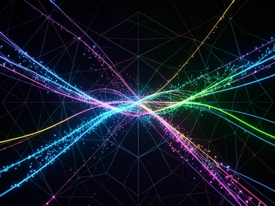 Flow of encrypted data visualized as luminous particles traveling through fiber 