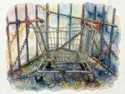 Empty shopping cart corral, chains and bars against asphalt, watercolor paper te