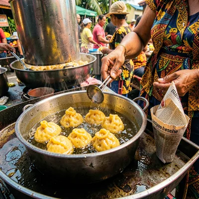 Vivid photograph with Trinidadian cultural fusion aesthetic, Pholourie balls fry