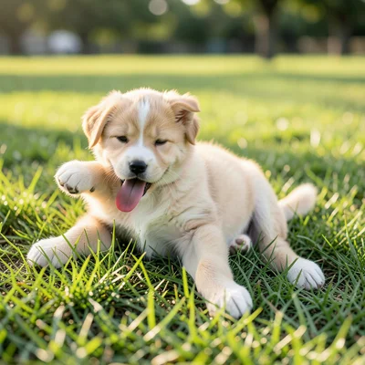 Puppy rolling in freshly cut grass, tongue out, spring afternoon