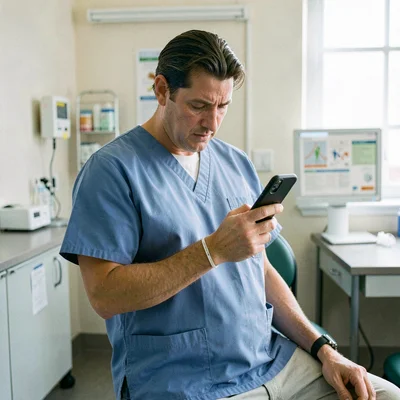 Documentary photography, unposed moment, Healthcare professional on break checki