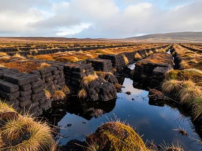 Peat stacking — cut blocks of dark peat stacked to dry in traditional rows on mo