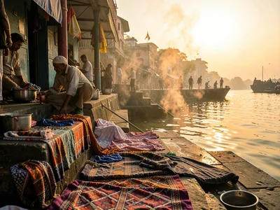Dhobi washing on ghat steps