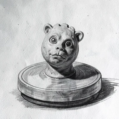 Charcoal sketch of a clay creature bust on a turntable, painterly graphite shado