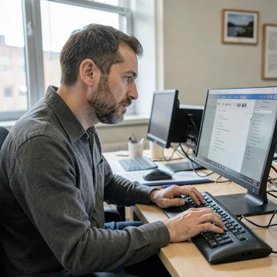 Documentary photography, unposed moment, Person using screen reader software on 