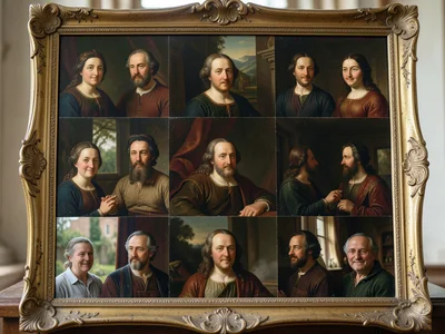 Zoom video call grid rendered as Renaissance group portrait, ornate frame