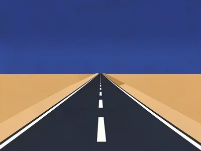 Two-lane plateau road runs straight for miles between ochre shoulders under a de