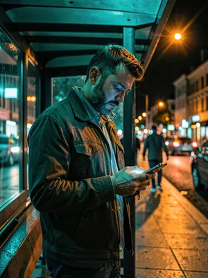 Man checking his phone at bus stop, lit like he's about to receive terrible news
