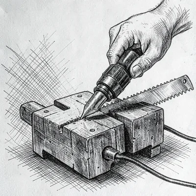 Tight pen-ink drawing of a hand saw clamped in a saw vise mid-filing, cross-hatc