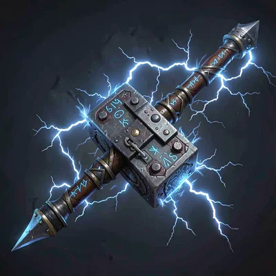 Fantasy weapon illustration, a dwarven war hammer with runic inscriptions, thund
