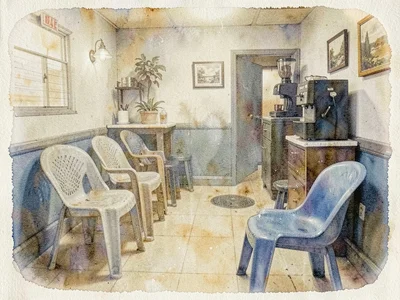 Tire shop waiting room, plastic chairs and coffee machine, ethereal ghostly qual