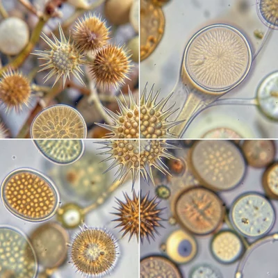 Pollen grains from mixed flowers, varied surface textures from spiky to smooth, 