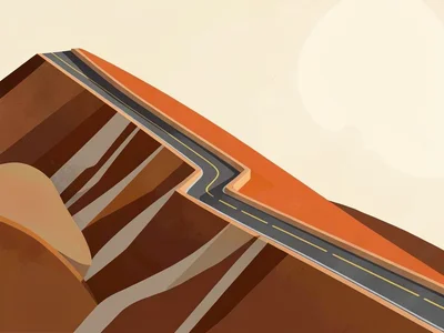 Zigzag highland pass road climbs a rust-orange shoulder under a sun-bleached cre