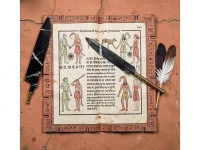 Obsidian blade and feather fan arranged as flat-lay on terracotta surface