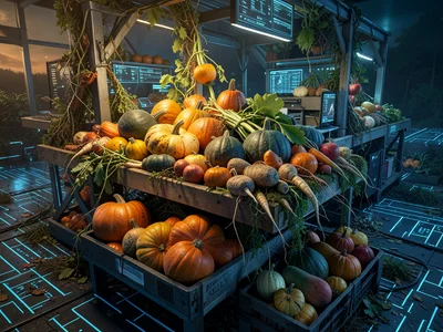 Farmstand overflowing with autumn squash, gourds, and root vegetables