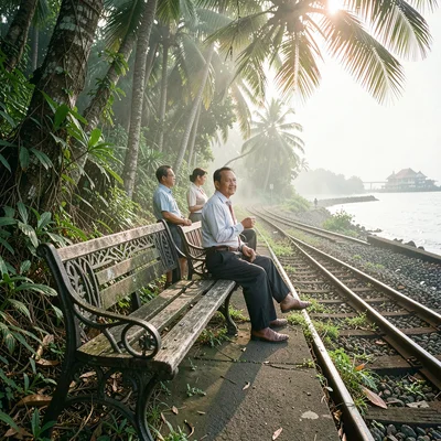 Tropical light on Sri Lankan colonial decay, Platform bench weathered by decades
