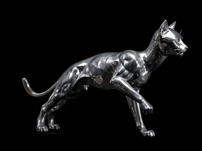 Liquid metal cat sculpture mid-stretch, surface catching studio lights, black ba