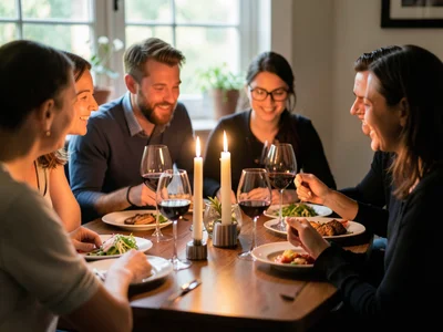 Small dinner party around a candlelit table, wine glasses and shared plates of f