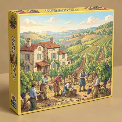 Board game box illustration, a vineyard estate at harvest time, workers gatherin