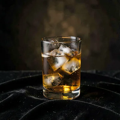 Dramatic lightbox shot of a sazerac in a chilled rocks glass on black velvet, si