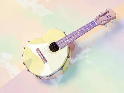 Folksy butter-yellow lowpoly banjo with cream drumhead and lavender strings, pap