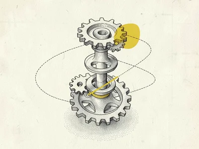Exploded-view illustration of an abstract device with floating gears and lines o